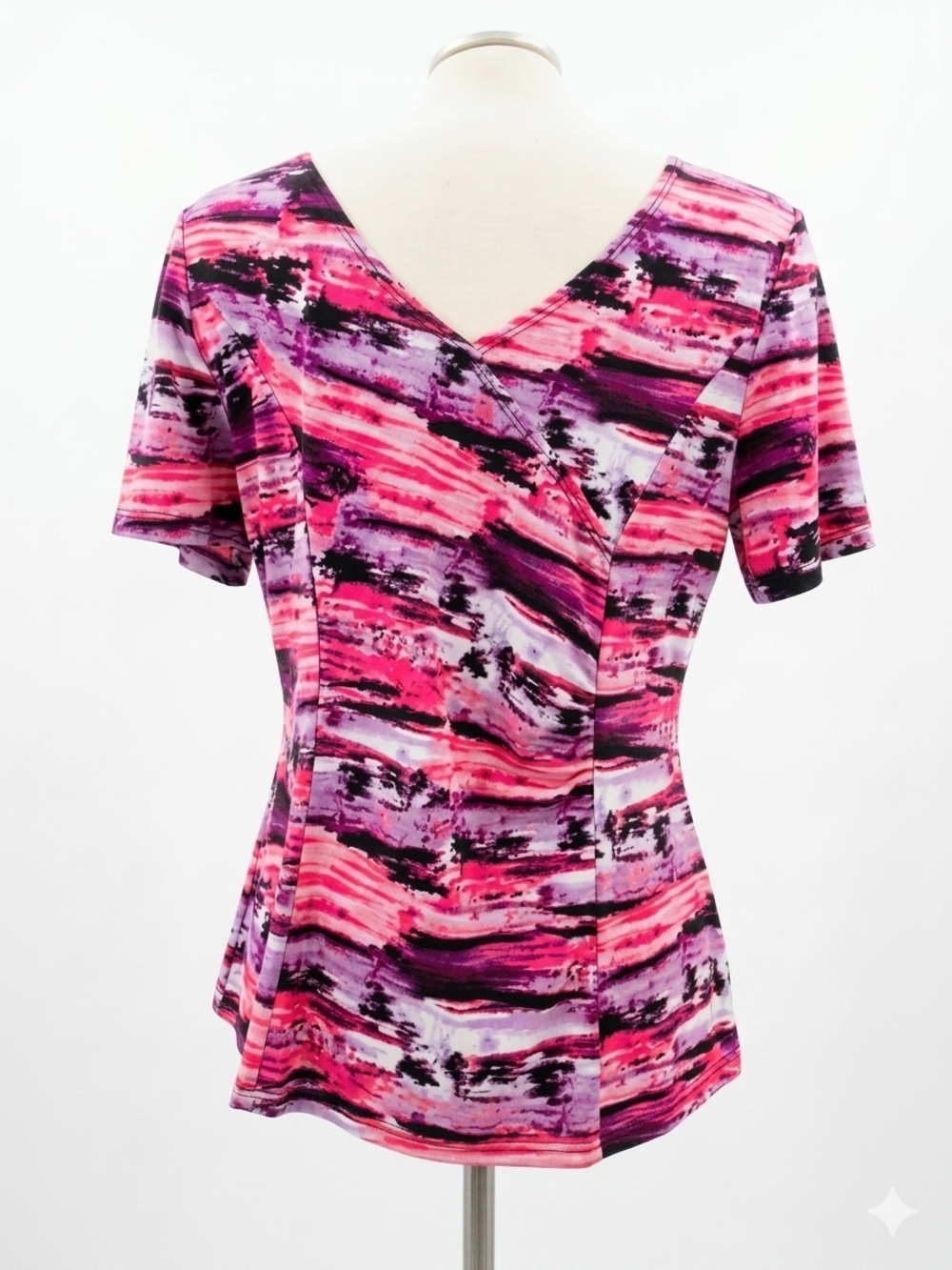 Aura Pink & Purple Abstract V-Neck Short Sleeve Top